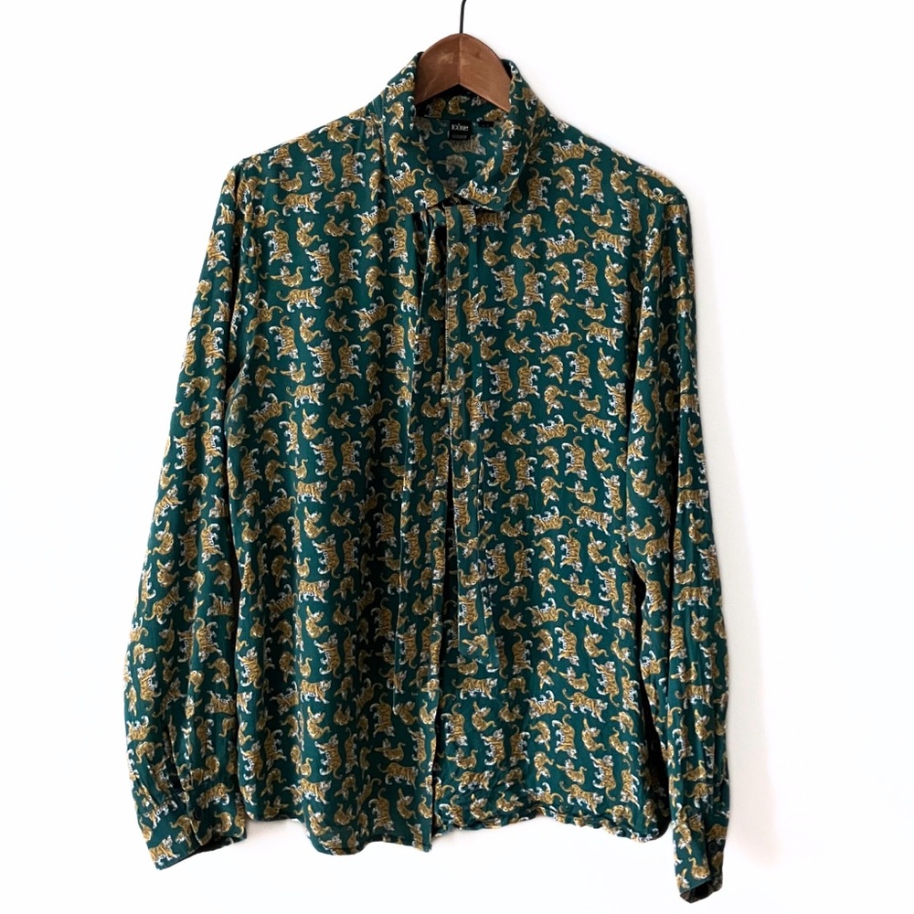 Simons Icone Green Women's Tie-neck Blouse with Tiger Print